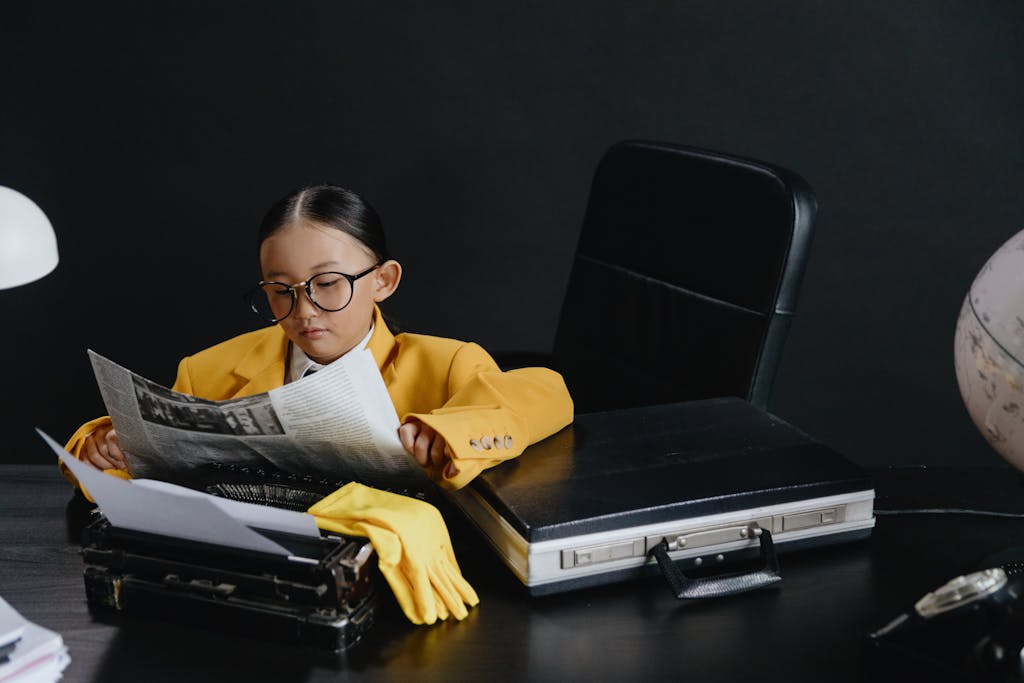 Globe and Mail News Today A child in eyeglasses and a yellow suit reads a newspaper at a desk, embodying a young journalist.