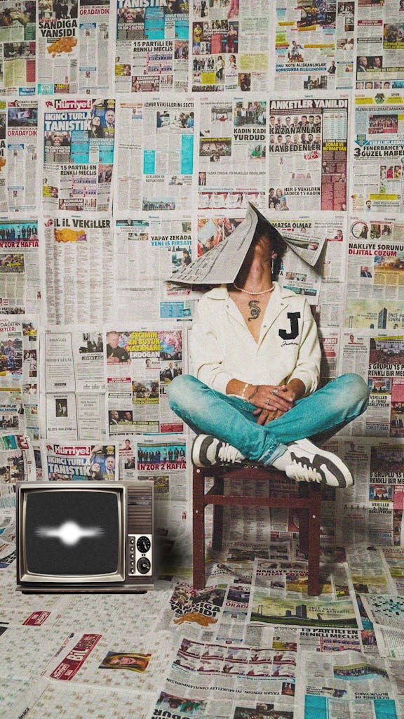 A man sits with a newspaper on his head amidst a retro setting with vintage TV and newspaper walls.