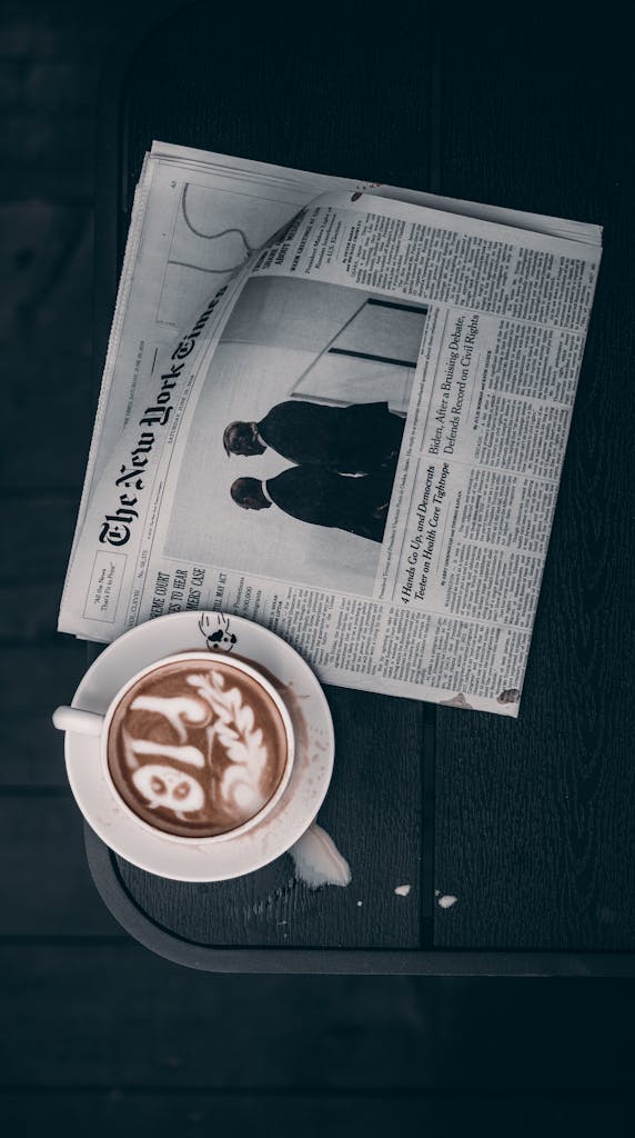 ABC News A top-view shot of a latte with art on a dark wooden table beside a folded newspaper.