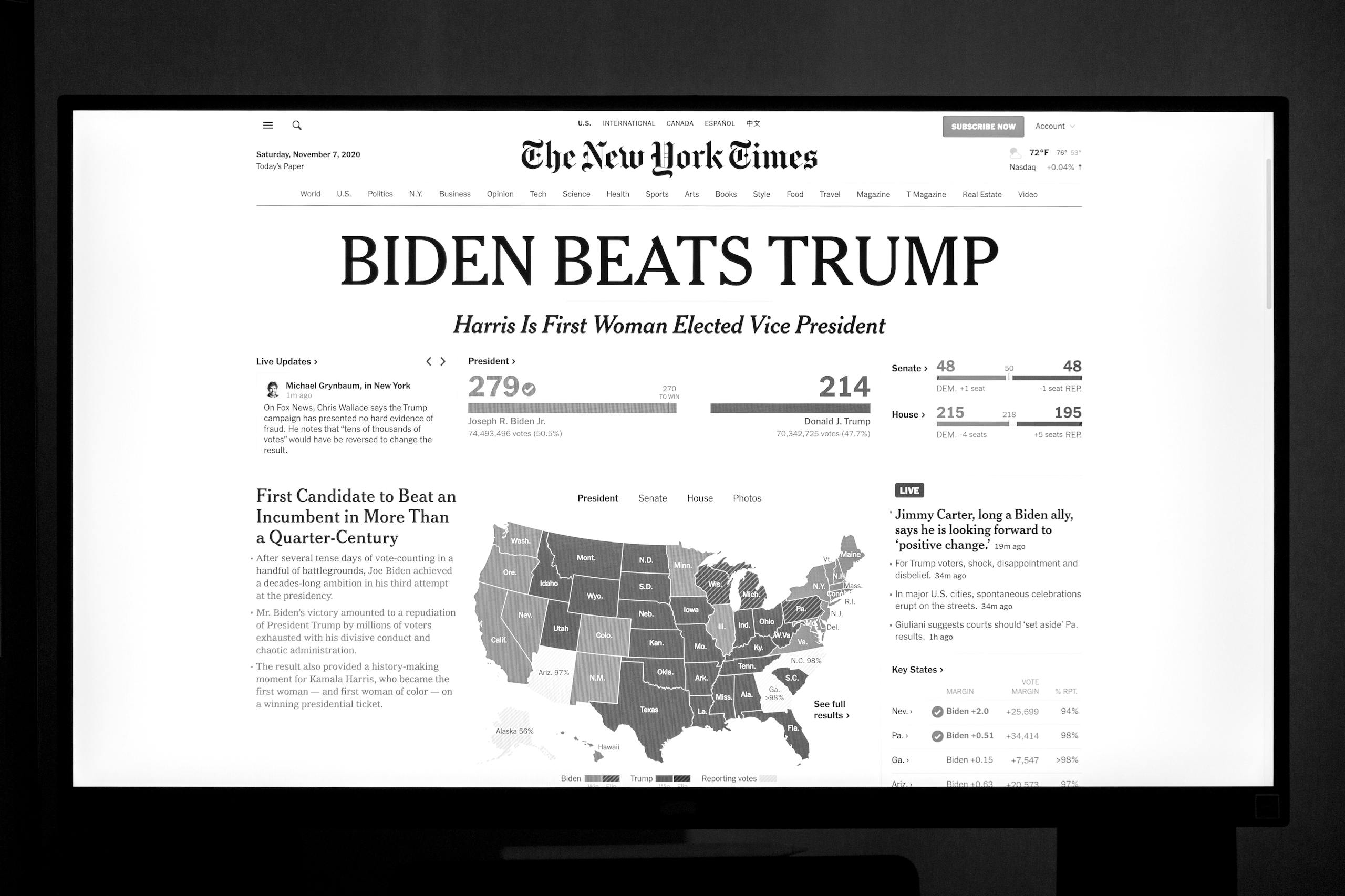 USA News Channel Live Biden wins presidency over Trump as detailed on newspaper front page.