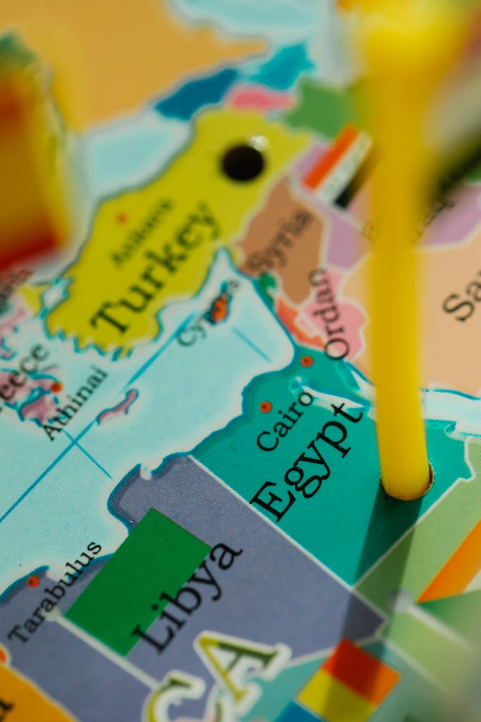 Close-up of a colorful world map highlighting Egypt and surrounding countries.