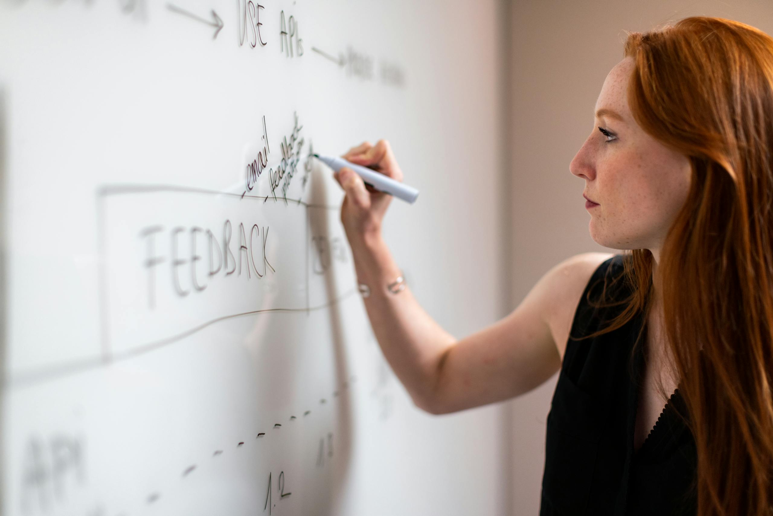 seo agency twastia com Focused woman writing on a whiteboard during a business planning session.