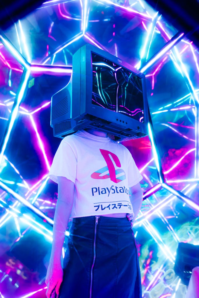 Person wearing retro TV as helmet surrounded by vibrant neon lights.