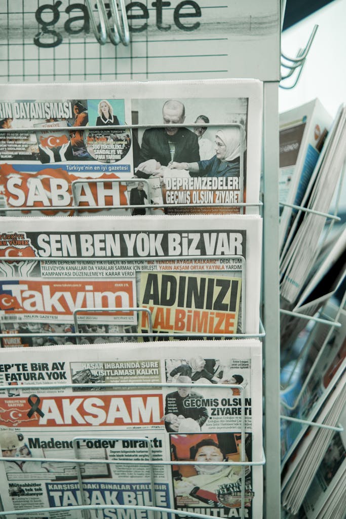 Close-up of Turkish newspapers in a stand with headlines visible.