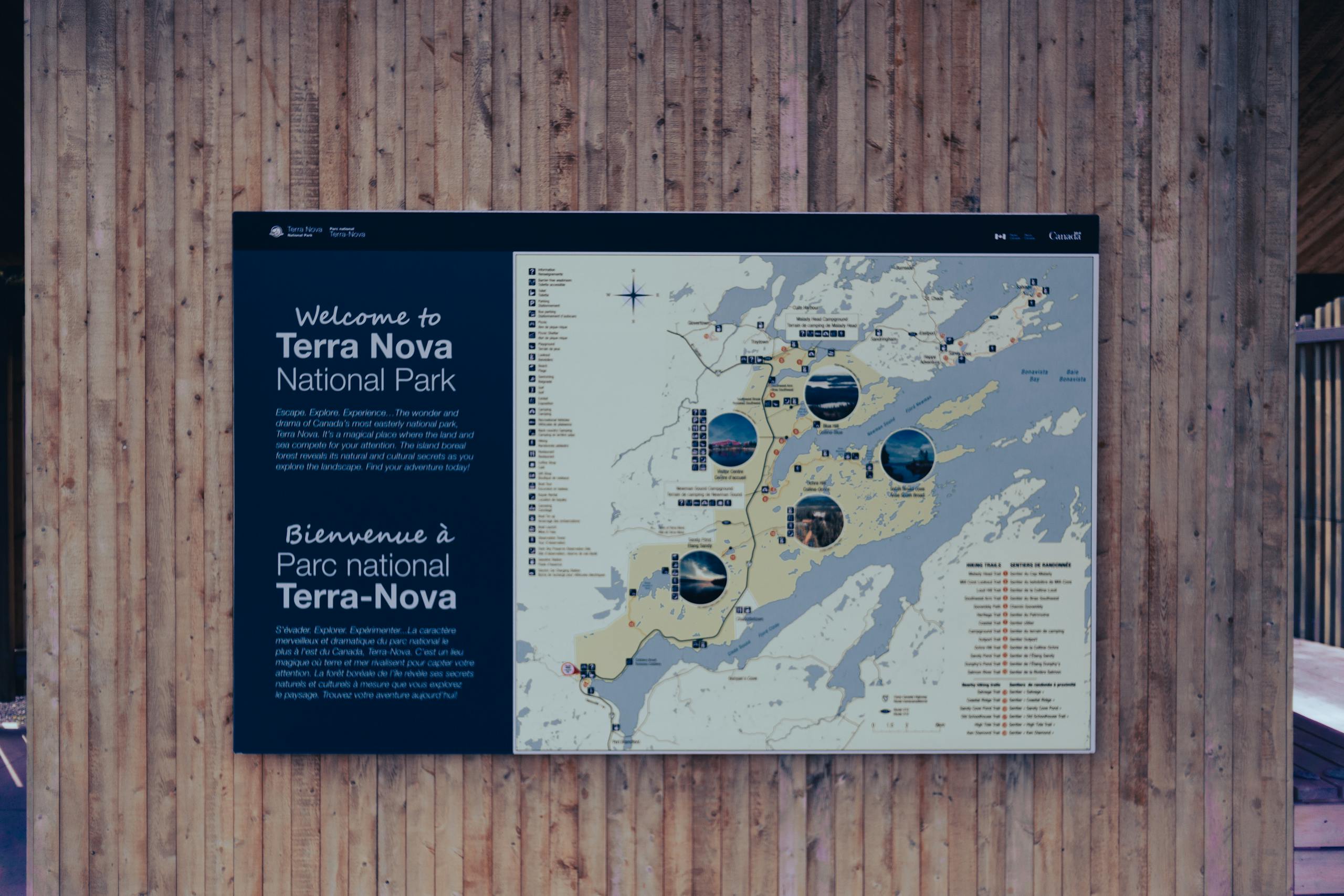 Nova Scola: Map and information board of Terra Nova National Park, Canada.