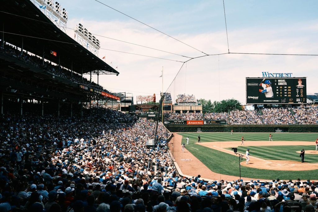Chicago Cubs Panoramic view of a bustling baseball game at Wrigley Field, Chicago, capturing the vibrant atmosphere.