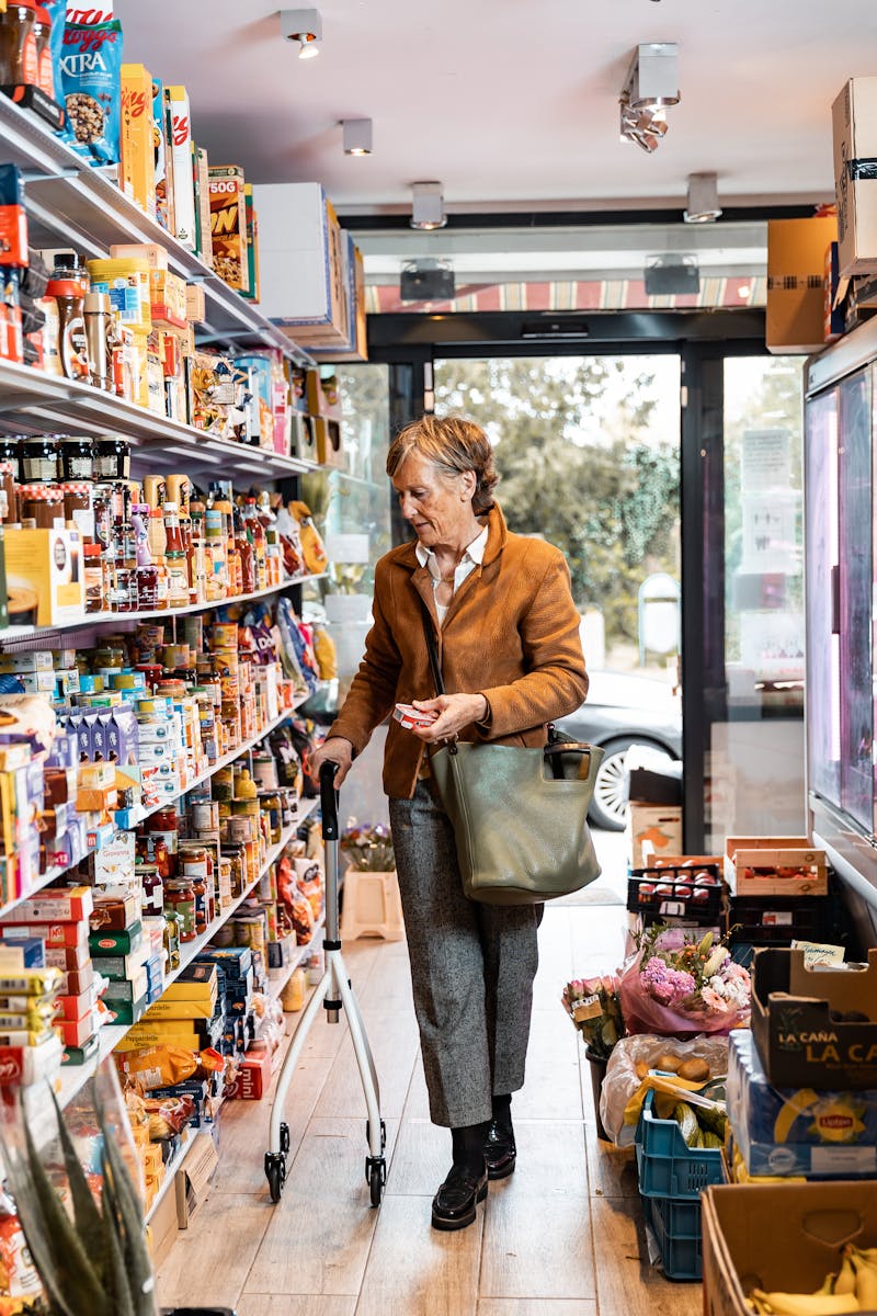 Elderly woman using a rollator while shopping for groceries in a store aisle.