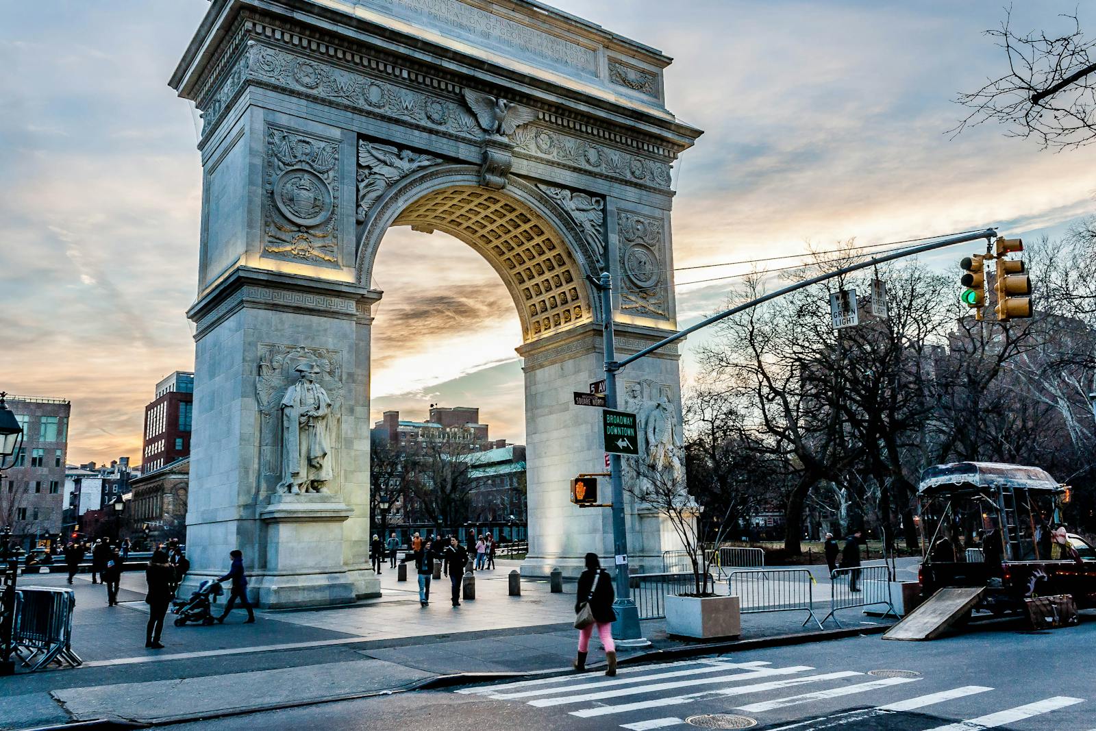 I Square Capture of Washington Square Arch in New York City at sunset, a famous landmark.