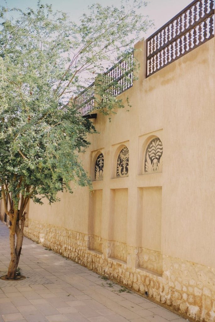 Elegant beige wall with greenery, capturing the blend of historic architecture and nature in Dubai's streets.